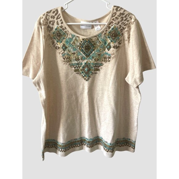 Alfred Dunner Top Women’s XL Brown Beaded Embroidered Casual Blouse Tee - Picture 1 of 6